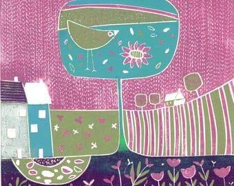 Colourful Reduction Linocut Print: Limited Edition Small Landscape Wall Art