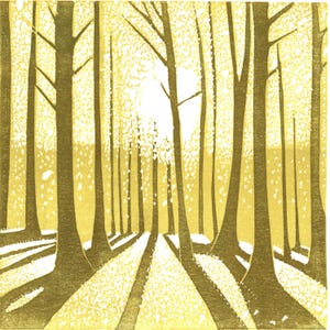 Golden Woodland Linocut Print – Handmade Autumn Forest Art, Square Nature Wall Decor, Limited Edition Lino Print for Home or Gift