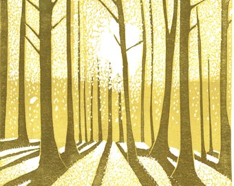 Golden Woodland Linocut Print: Limited Edition Autumn Forest Nature Wall Art