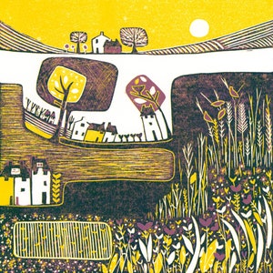 Bright yellow and purple giclée print of a countryside linocut scene with houses, trees, and wildflowers in spring landscape
