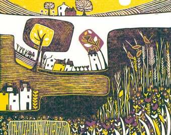Golden Meadow Giclée Print: British Linocut Landscape Wall Art