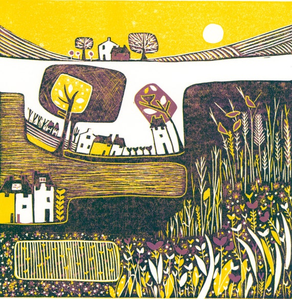 Golden Meadow Giclée Print: British Linocut Landscape Wall Art
