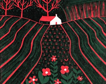 Fieldside Cottage Linocut Print: Limited Edition Small Countryside Wall Art