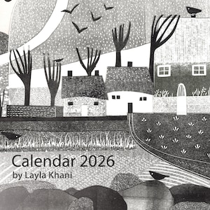 2026 Wall Calendar: Black and White Linocut Collage Art Planner 20 x 20 cm