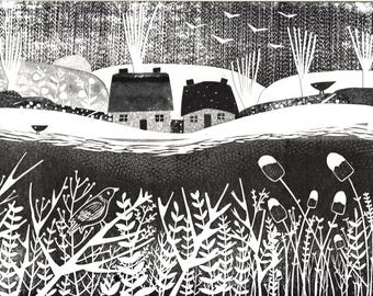 Winter Hedgerow Giclée Print: Black and White Linocut Collage Art