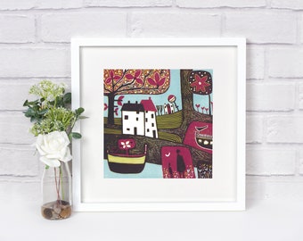 Small Colourful Linocut Print, Lino Print Art, Small Landscape Linocut Print, living room wall art, Square Giclee print, Spring Home Decor