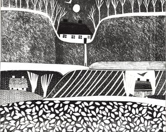 Linocut Collage Art: Black & White Landscape with Cottage, 20x20cm