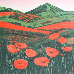 Poppy Fields Linocut Print: Limited Edition Hand Printed Landscape Wall Art