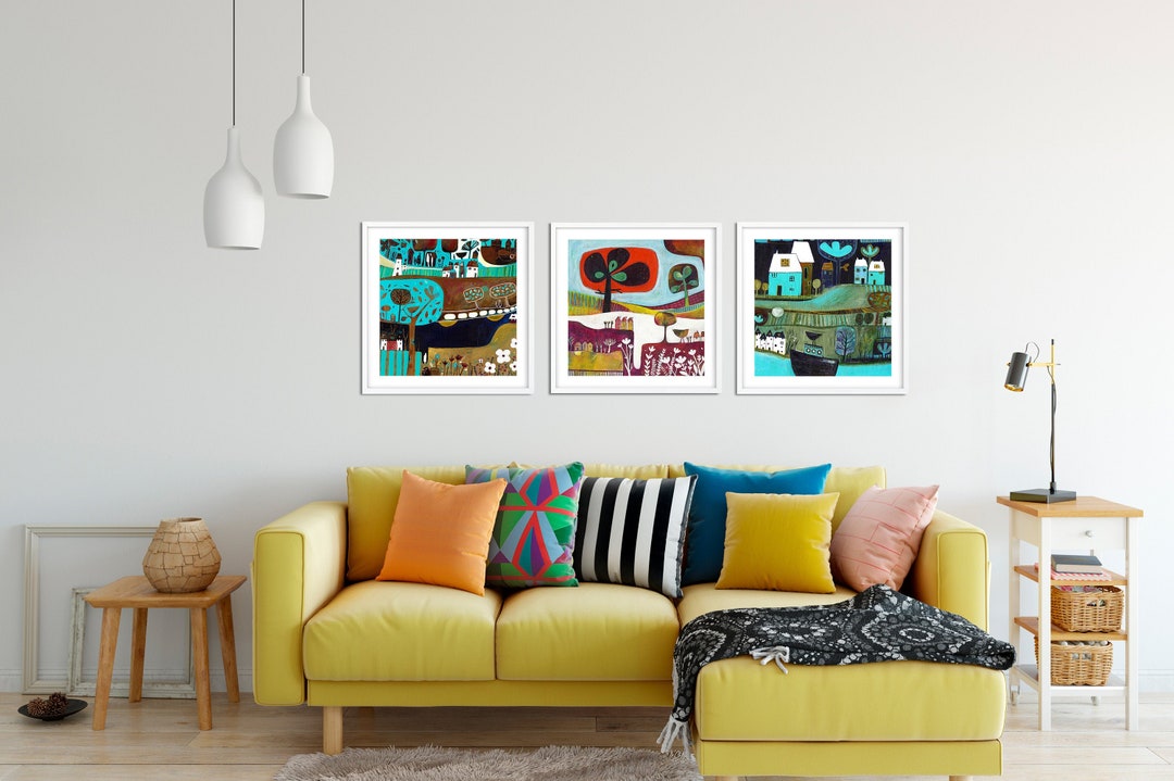 Colourful Set of 3 Prints Living Room Square Blue Red Wall Etsy