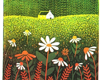 Fields of Colours Linocut Print Limited Edition Mini Handmade Floral Landscape Wall Art