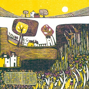 35 x 35 cm Colour Lino Print, Yellow and Purple Linocut Print, Lino Block Print, Living Room Wall Art, Mid Century Print for Framing, Gift