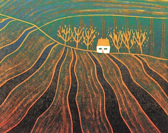 Golden Fields Cottage Linocut Print, Limited Edition Landscape Art