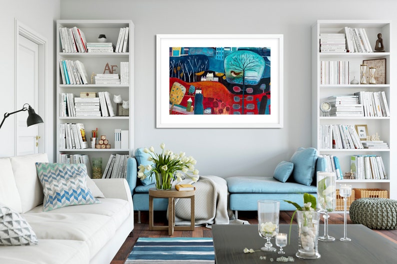 Large Landscape Painting Print for Living Room, Red and Blue Art Print, Colourful wall decor, Giclee Print Wall Art, New Home Gift Friend image 1