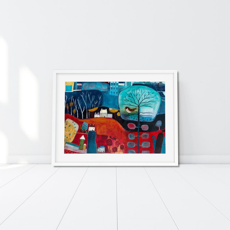 Large Landscape Painting Print for Living Room, Red and Blue Art Print, Colourful wall decor, Giclee Print Wall Art, New Home Gift Friend image 2