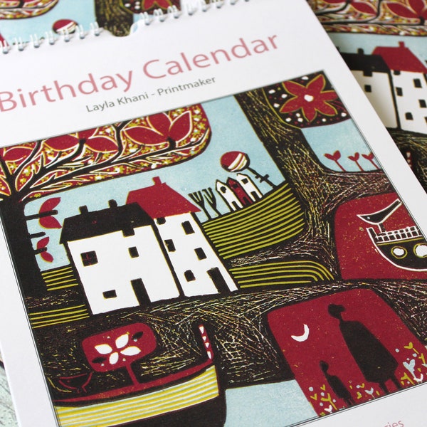 Linocut Wall Calendar, A4 Birthday Calendar, Spiral Perpetual Calendar, Celebration Calendar, Anniversary Birthday Gift, verjaardagskalende