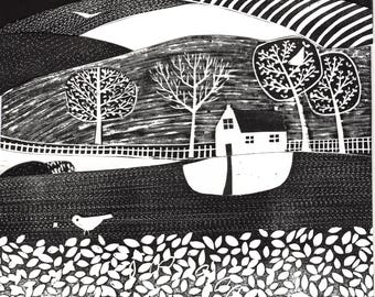 Cottage Landscape Giclée Print – Black and White Linocut Collage