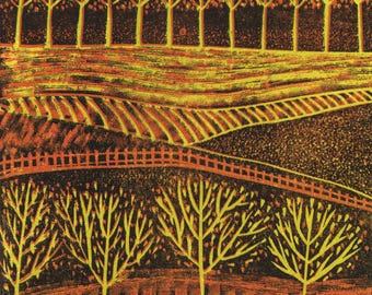 Autumn Linocut Print: Malvern Hills Landscape, Handmade Wall Art