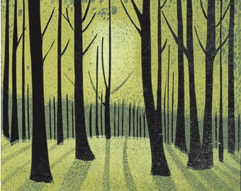Green Woodland Linocut Print: Handmade Forest Art - Limited Edition
