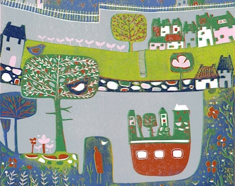 Moonlight Flowers Giclée Print Blue Linocut Landscape Night Wall Art