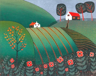 Countryside Linocut Print: Colourful Cottage Landscape Art, Limited Edition