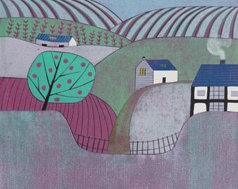 Apple Orchard Linocut Print: Handmade Countryside Landscape Art