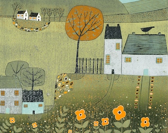 Countryside Linocut Print Limited Edition Reduction Lino Landscape Wall Art