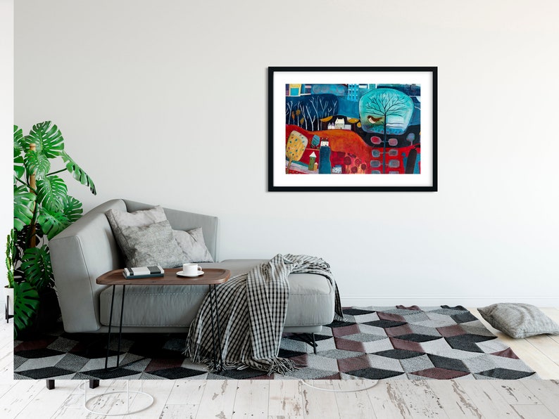 Large Landscape Painting Print for Living Room, Red and Blue Art Print, Colourful wall decor, Giclee Print Wall Art, New Home Gift Friend image 9