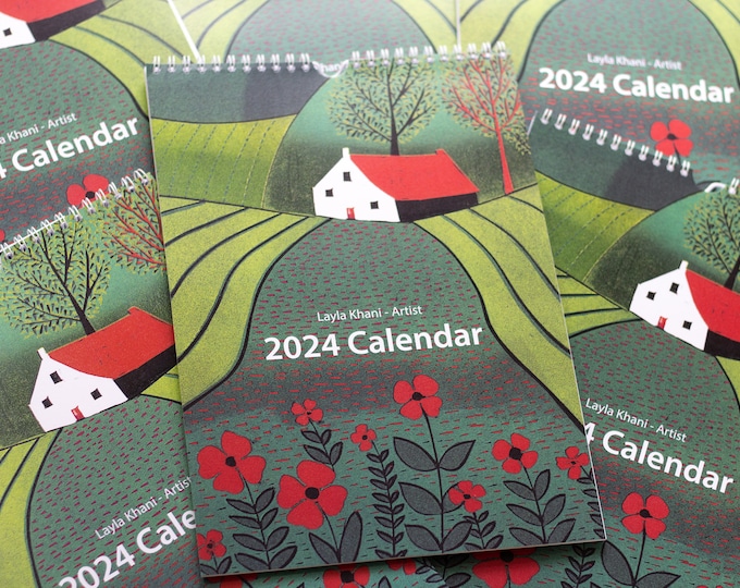 A4 Wall Calendar, 2024 Monthly Calendar, Art Wall Calendar, Linocut