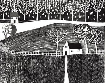 Original Linocut Collage Art: Black & White Landscape, Unframed