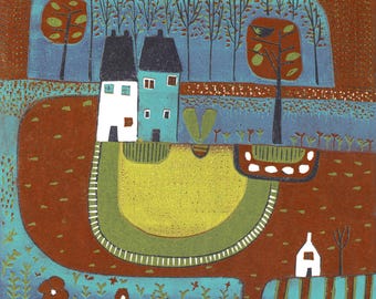 Handmade Cottage Landscape Linocut Print - Limited Edition Art