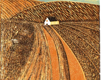 Golden Fields Reduction Linocut Print Limited Edition 10 x 10 cm Handmade Landscape Art