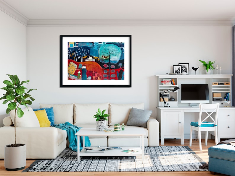 Large Landscape Painting Print for Living Room, Red and Blue Art Print, Colourful wall decor, Giclee Print Wall Art, New Home Gift Friend image 7