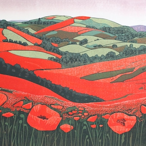 Poppy Fields Linocut Print: Limited Edition Landscape Wall Art with Red Flowers
