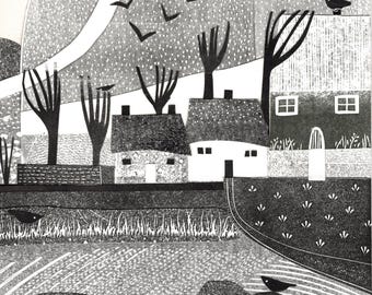 Black and White Cottage Giclée Print: November Landscape Art