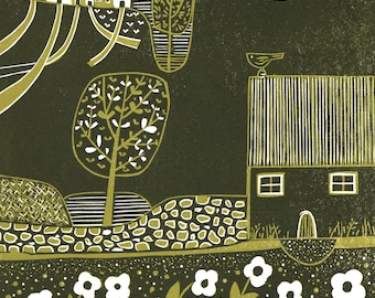 Countryside Linocut Print, Serene Hillside Village Artwork (Limited Edition)