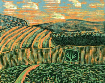 Sunset over the Fields Linocut Print Limited Edition Mini Handmade Landscape Wall Art