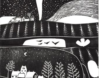 Christmas village wall art black and white snowy landscape print winter home decor gift