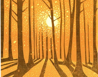 Golden Woodland Linocut Print: Limited Edition Autumn Forest Landscape Wall Art