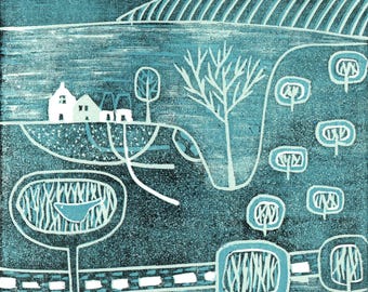 Serene Path Linocut Print: Limited Edition Mini Blue Landscape Artwork 10 x 10cm