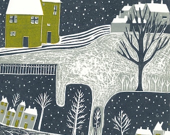 A Wintry Night Giclée Print | Snowy Christmas Linocut Style Art