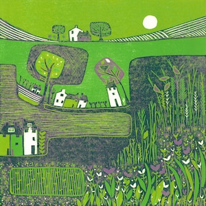 Small Linocut Print, Green Landscape Linocut, Lino Print Art, Small Giclee Print, Living Room Wall Art, Living Room Wall Art, Spring Gift
