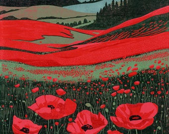 Poppy Fields Linocut Print: Limited Edition Reduction Handmade Landscape Wall Art 30x30 cm