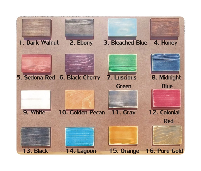 Puede incluir: Una carta de colores con diecis&eacute;is muestras de tinte para madera. Los colores incluyen Dark Walnut, Ebony, Bleached Blue, Honey, Sedona Red, Black Cherry, Luscious Green, Midnight Blue, White, Golden Pecan, Gris, Colonial Red, Black, Lagoon, Orange y Pure Gold.