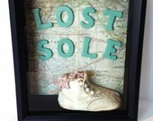 SALE Antique baby shoe, handmade, vintage leather shoe, framed art assemblage, kids room, nursery wall hanging, mixed media, collage