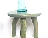 Wooden stool, distressed painted stool, shabby chic decor, plant stand, nautical beach decor, summer decor, photography prop, 3 legged stool