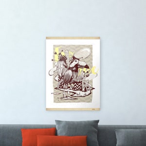May include: A digital illustration of a bird with a long beak standing on a small island with cacti and other plants. The background is a light brown with a geometric pattern. The text "Forever" is written in the upper left corner of the image.