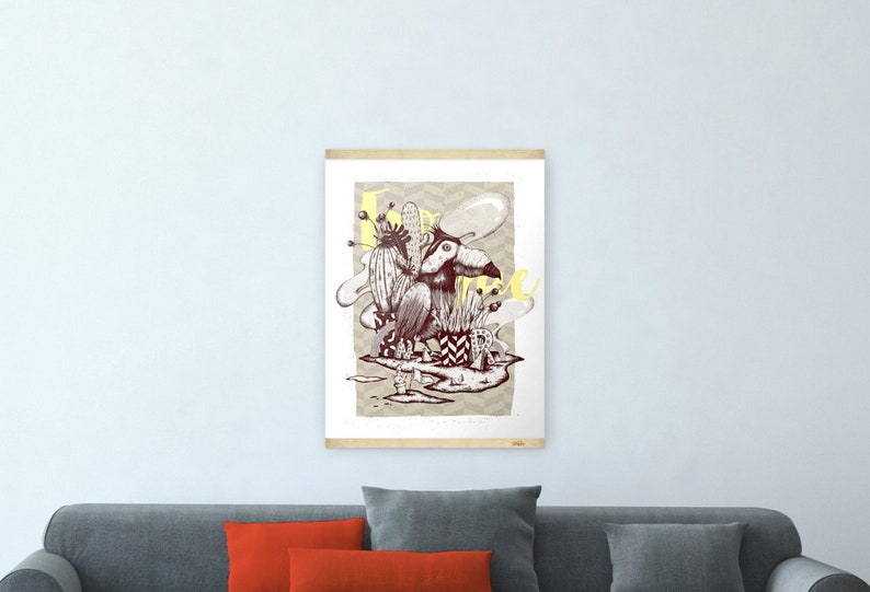 May include: A digital illustration of a bird with a long beak standing on a small island with cacti and other plants. The background is a light brown with a geometric pattern. The text "Forever" is written in the upper left corner of the image.