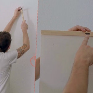 May include: A person hammering a nail into a white wall. A close-up of a wooden shelf with a small hole in the top. The hole is highlighted with a finger pointing to it.