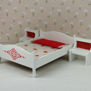 Dollhouse vintage Lundby bedroom 1990s furniture white wood red bedding