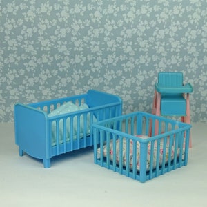 Dollhouse vintage JEAN nursery crib playpen high chair 1970s 1990s furniture plastic blue pink